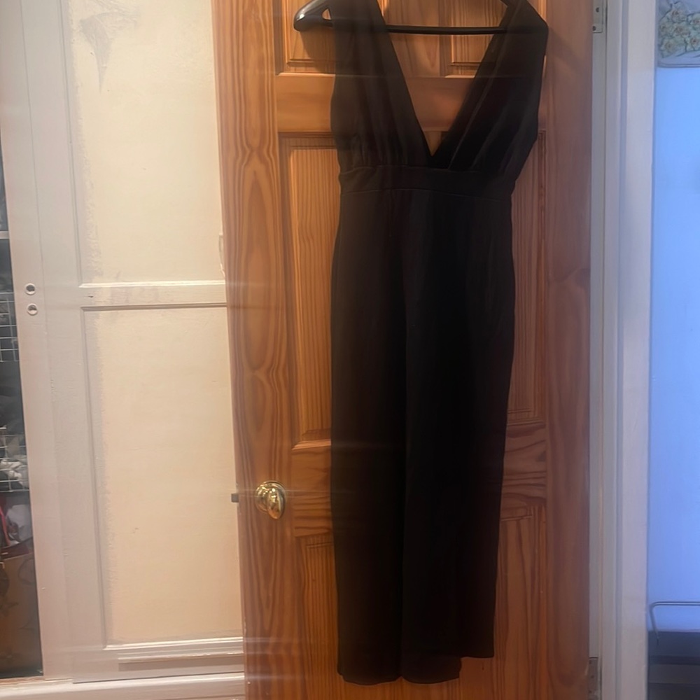 Black low-cut long dress split in the front low back